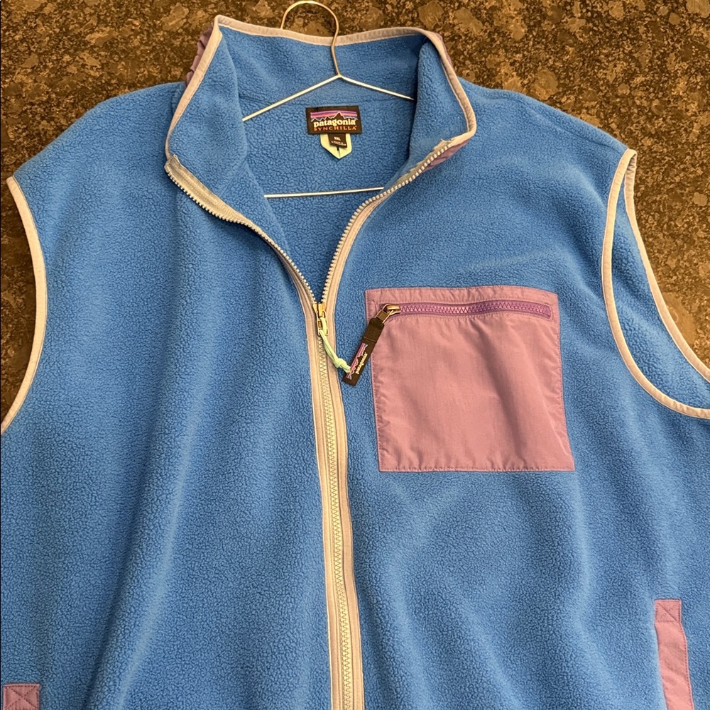 Patagonia synchilla vest Sky Blue Fleece Vest with navy blue Pocket